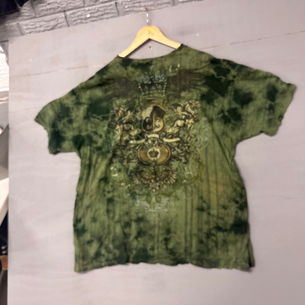 Premium Mens XL Green Tie Dye Graphic T-Shirt Fleur De Lis Wings Studded Y2K